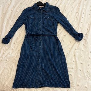 Boden blue cotton shirt dress w white polka dots, tie waist, w pockets